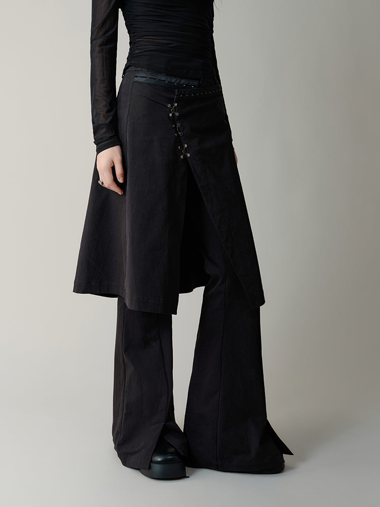 Metal Hook Fake Two-piece Micro-elastic Skirt Flared Pants