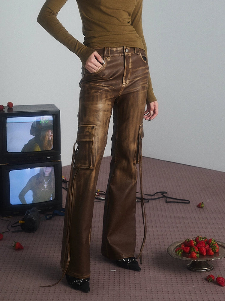 Slim Fit Slightly Flared Distressed Leather Pants