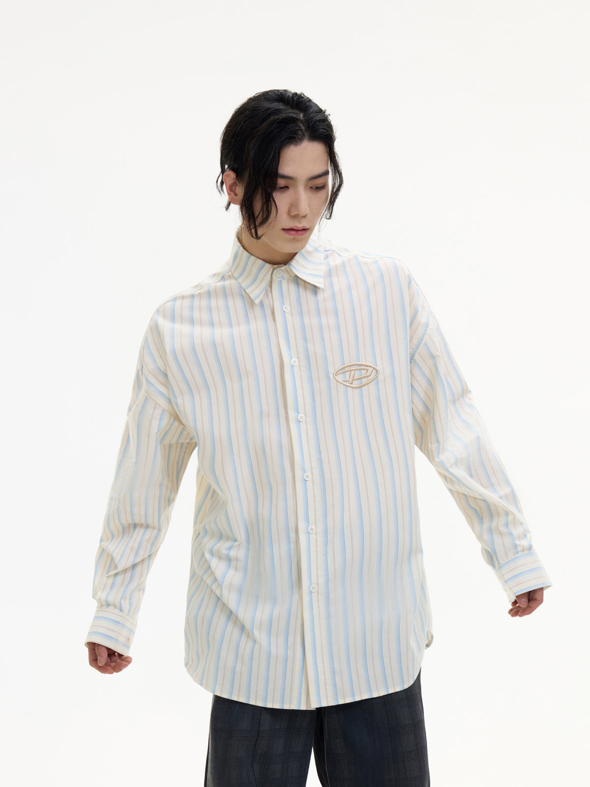 Embroidered Stripes Loose Long-sleeved Shirt