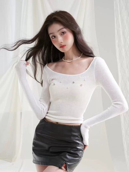 Round Neck Bijou Slim Knitted Top