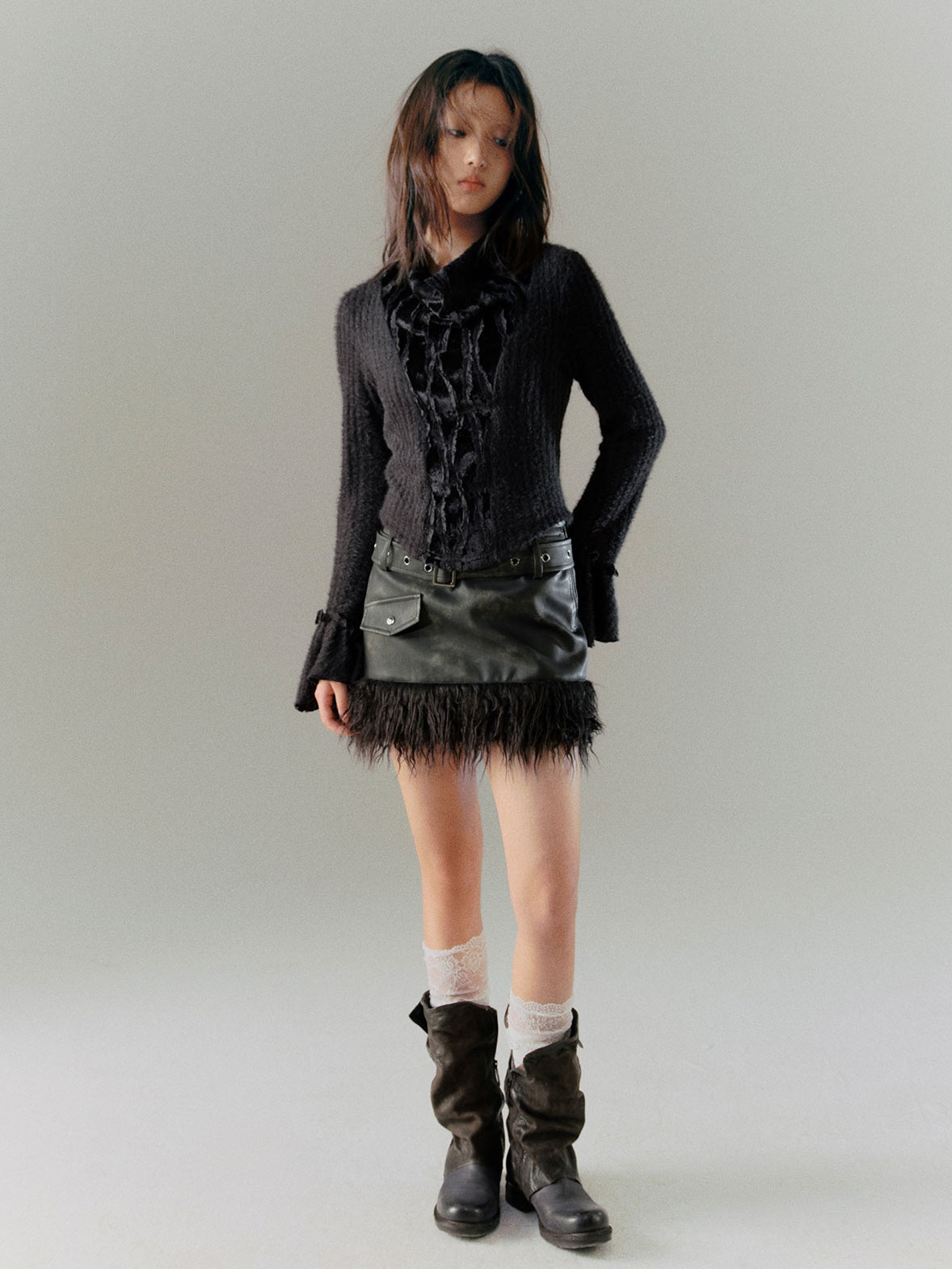 Retro Stitching Fur Double Belt Tie-dye Leather Skirt