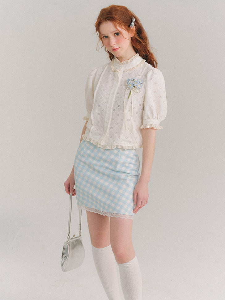 Stand Collar Jacquard Lace French Short-sleeved Shirt