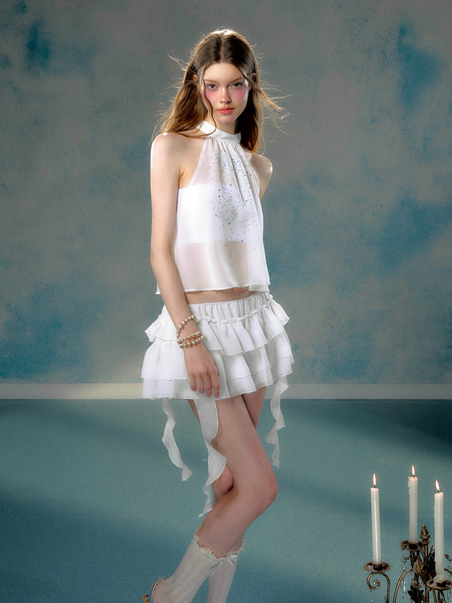 Starry Transparent American Sleeve Top &amp; Ruffle Cake Short Skirt