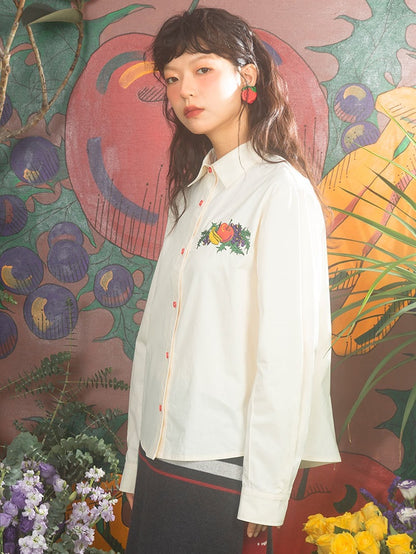 Fruit Embroidered Loose Long-sleeved Shirt