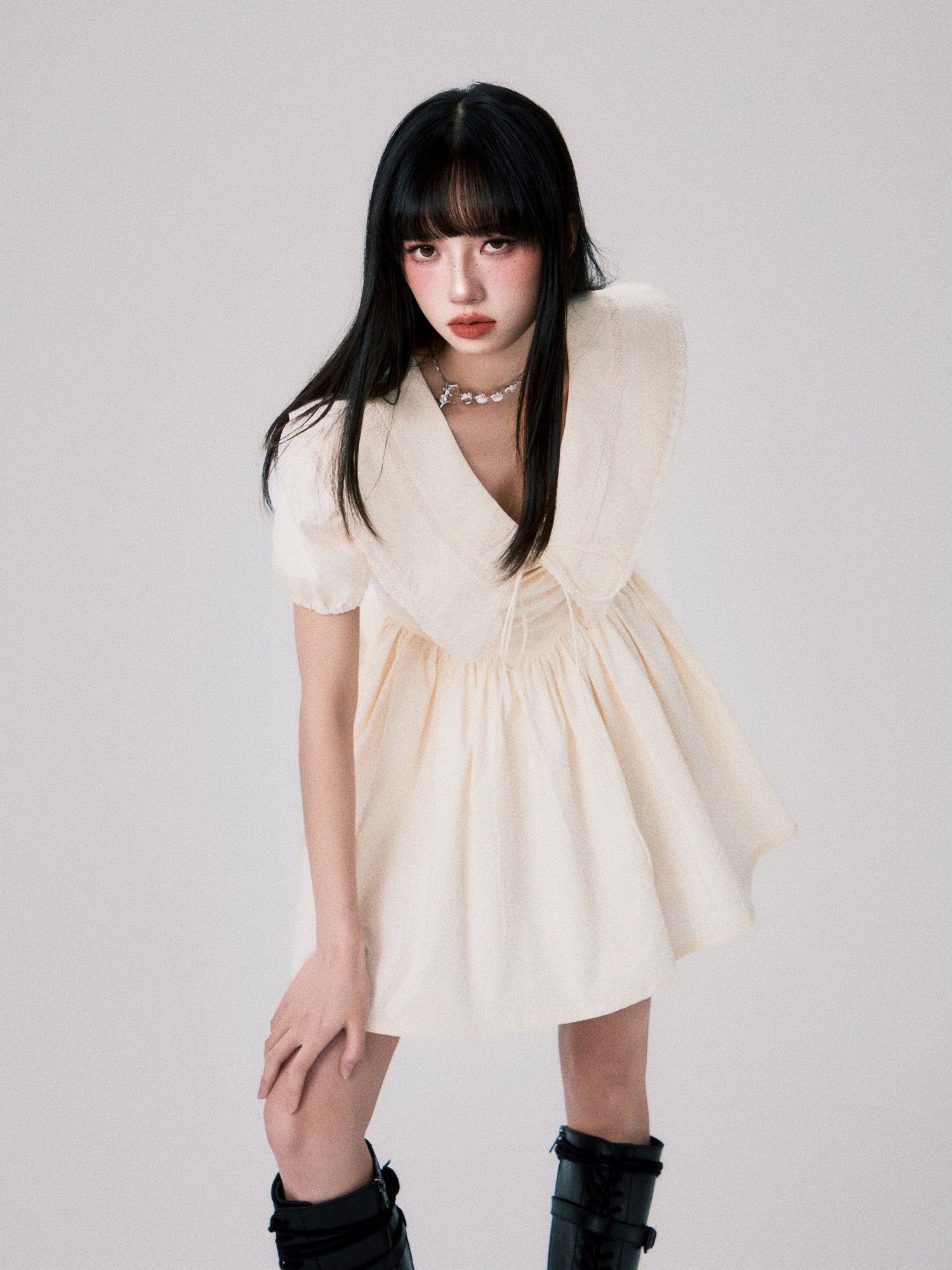 Babydoll Collar Puff Sleeve Short One-piece