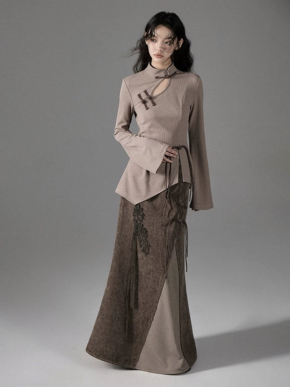 Chinese Style Cut-out Mao Collar Top ＆ Spliced Maxi Skirt