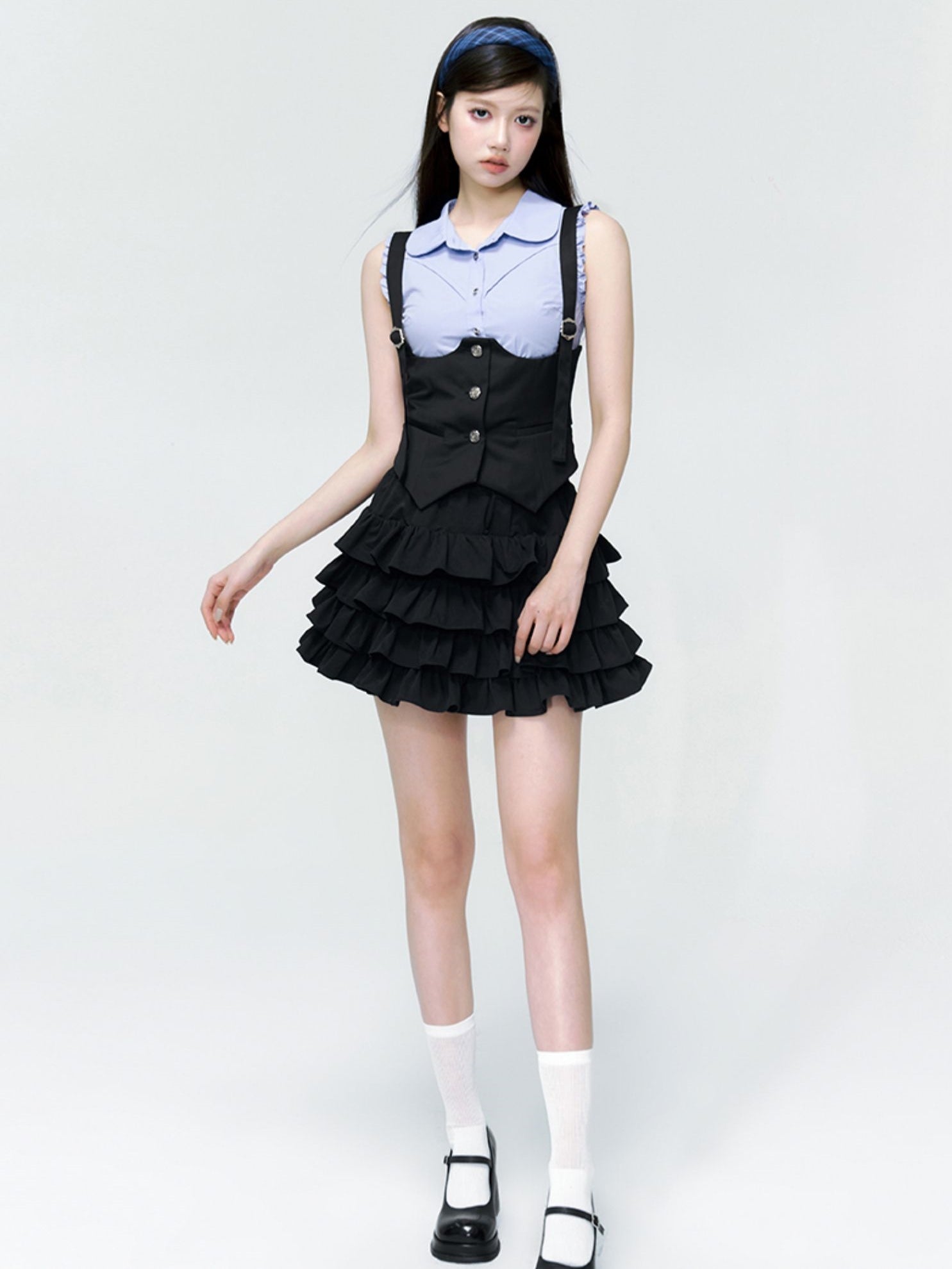 Frill Tiered Cropped Short Blouse &amp; Vest &amp; Skirt