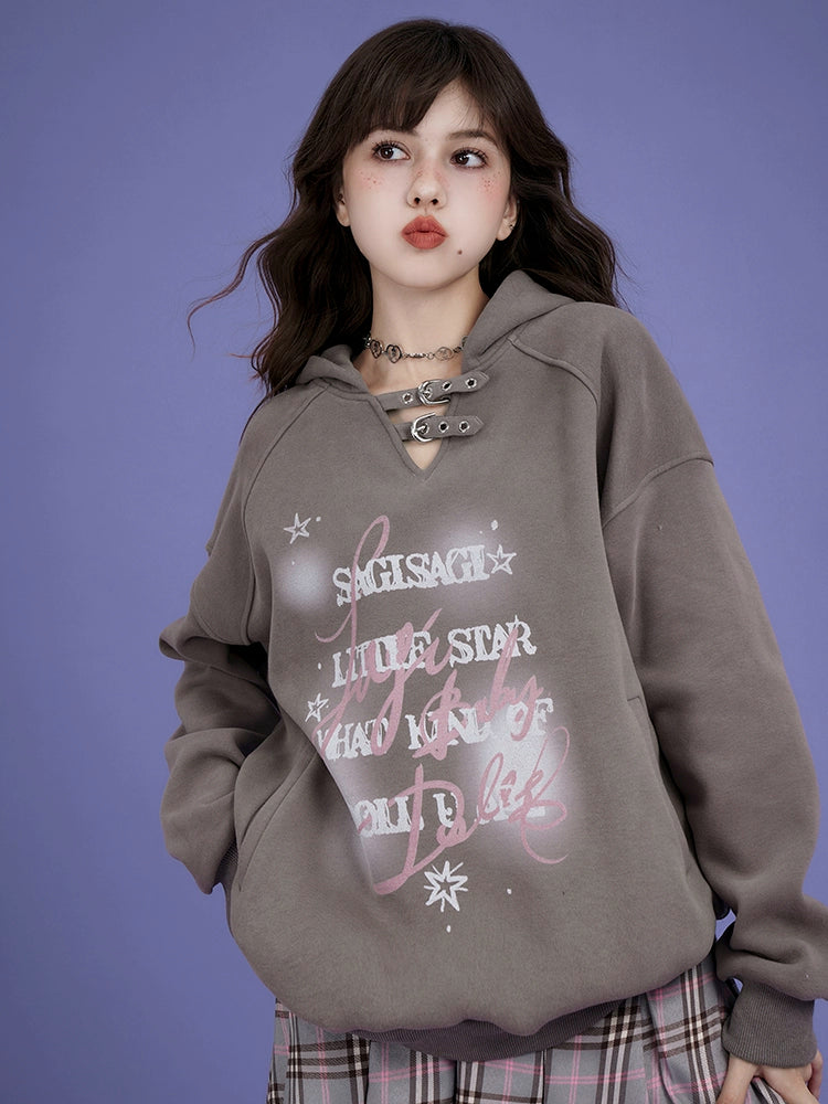 Letter Print Strap Pullover Hooded