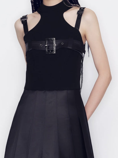 Belt Design Pleated Sleeveless Dress