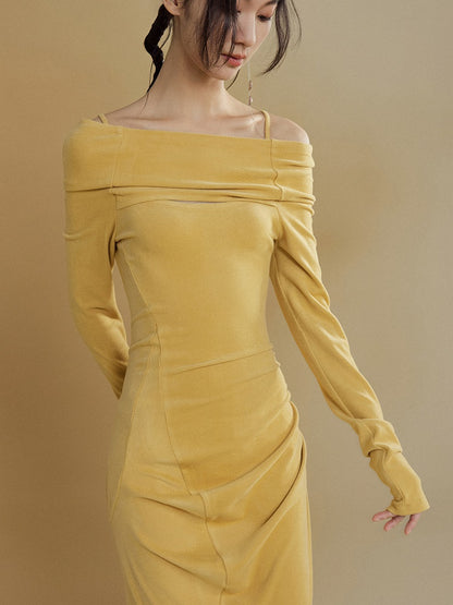 One-shoulder Long-sleeved Brushed Long Knit Dress