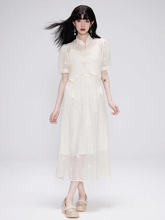 Embroidery Chinese Style Short-sleeved Top &amp; Sling Dress