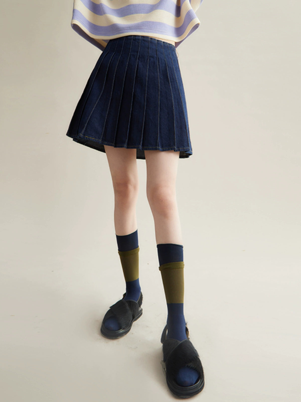 A-line Short Denim Pleated Skirt