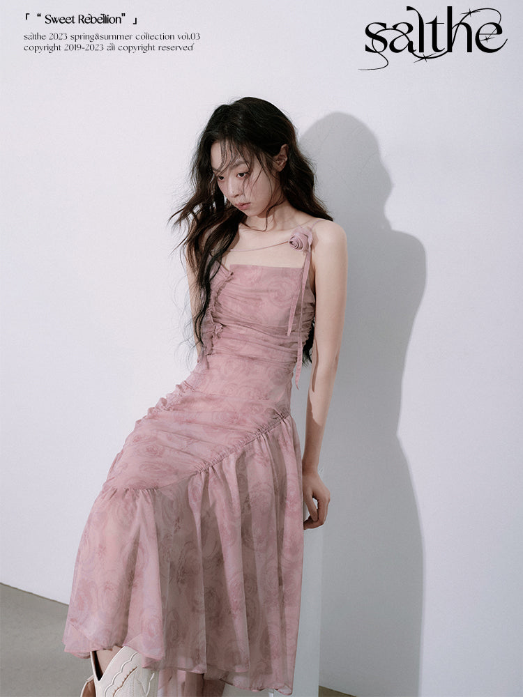 Rose Asymmetrical Wrinkled Suspender Dress