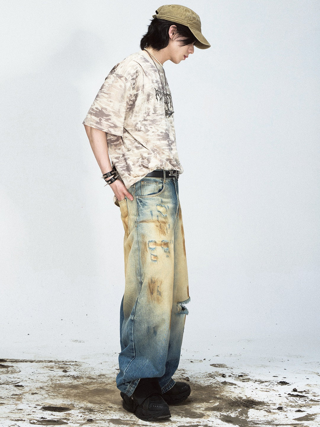 Mud-dyed Ripped Wide Straight Jeans