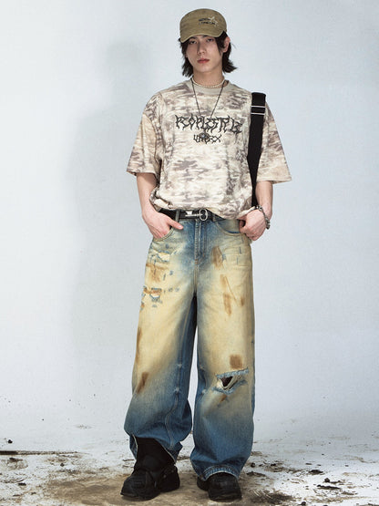 Mud-dyed Ripped Wide Straight Jeans