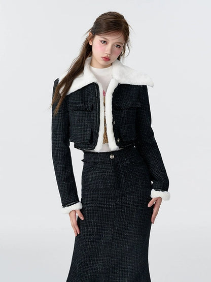 Contrast Color Fur Collar Tweed Padded Jacket &amp; Skirt