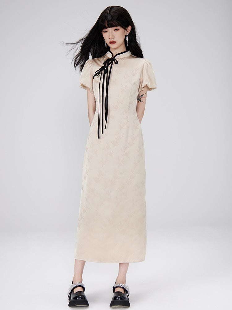 Color Trim Chinese Style Puff Sleeve Dress