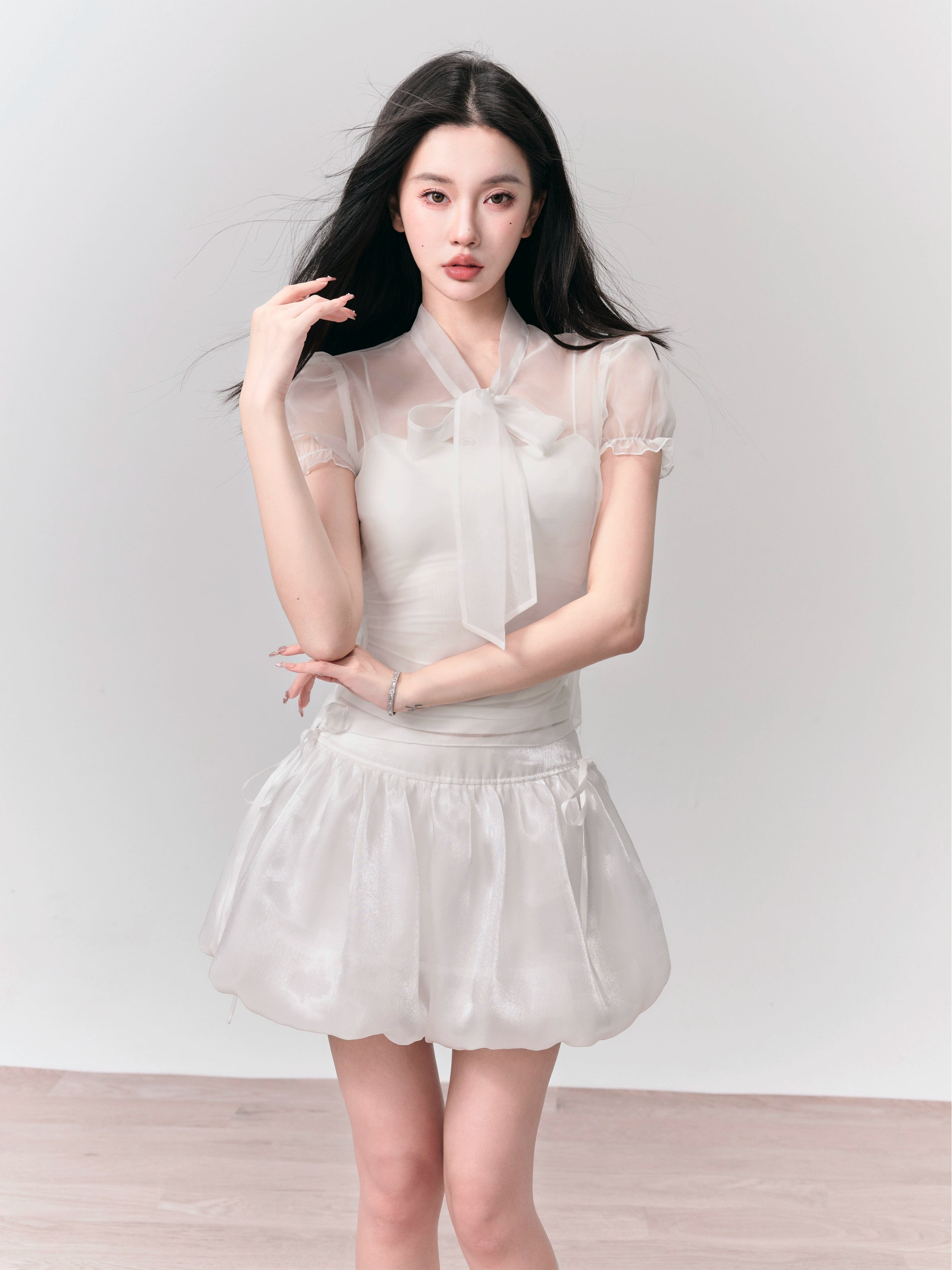 See-through Puff Sleeve Shirt &amp; Bud Skirt