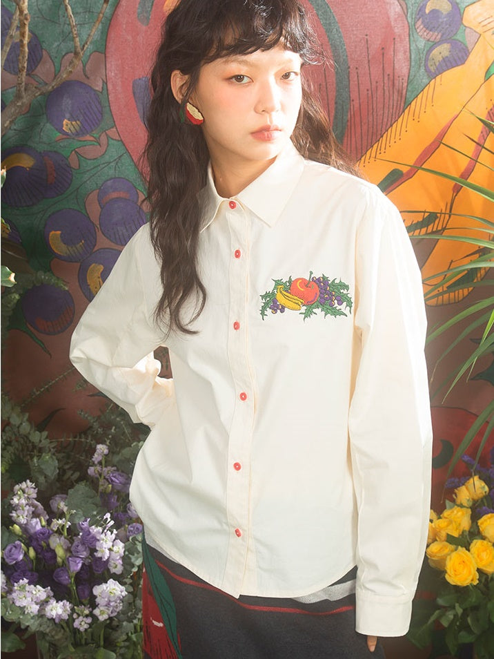 Fruit Embroidered Loose Long-sleeved Shirt