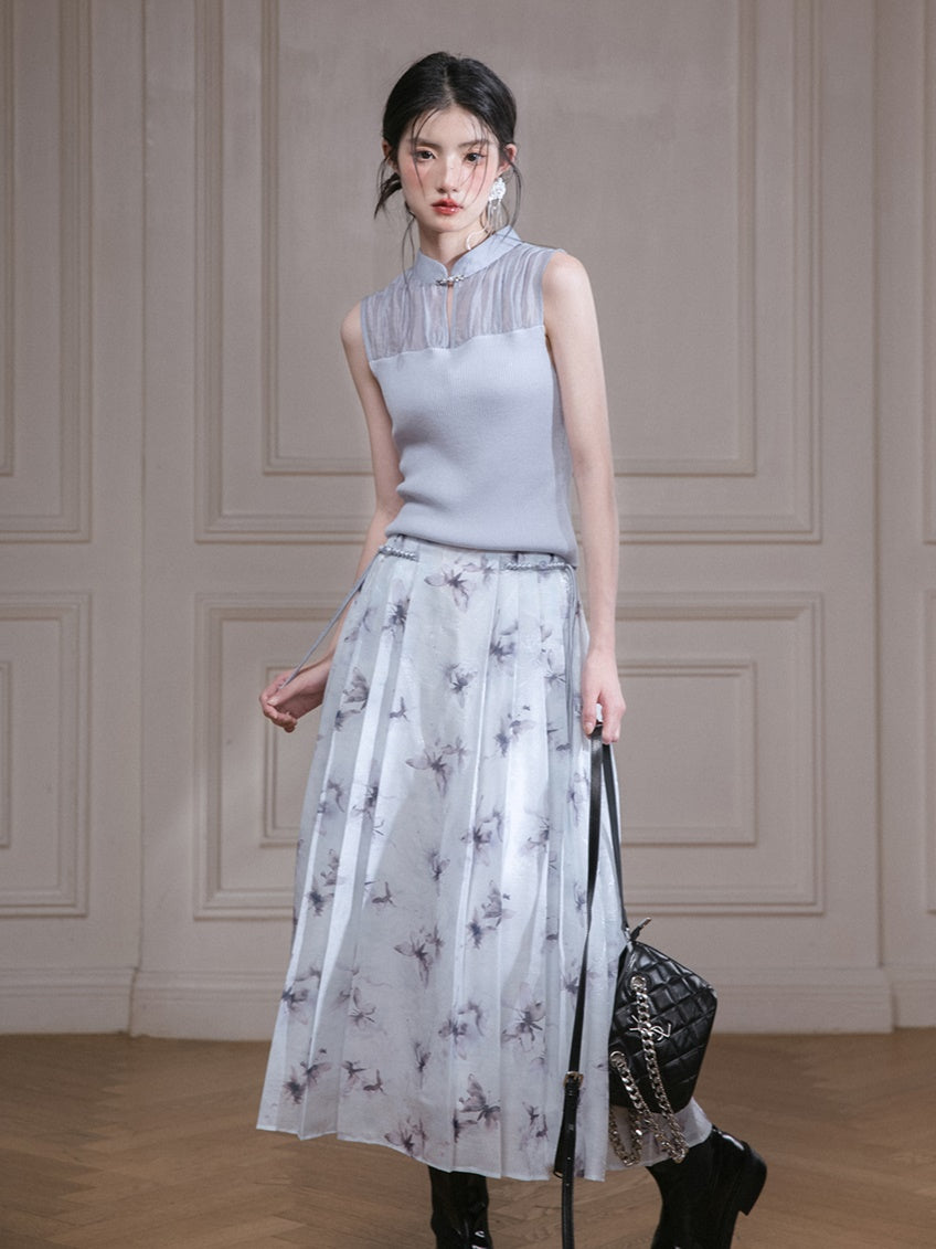 Butterfly Transparent New Chinese Style Pleated Skirt