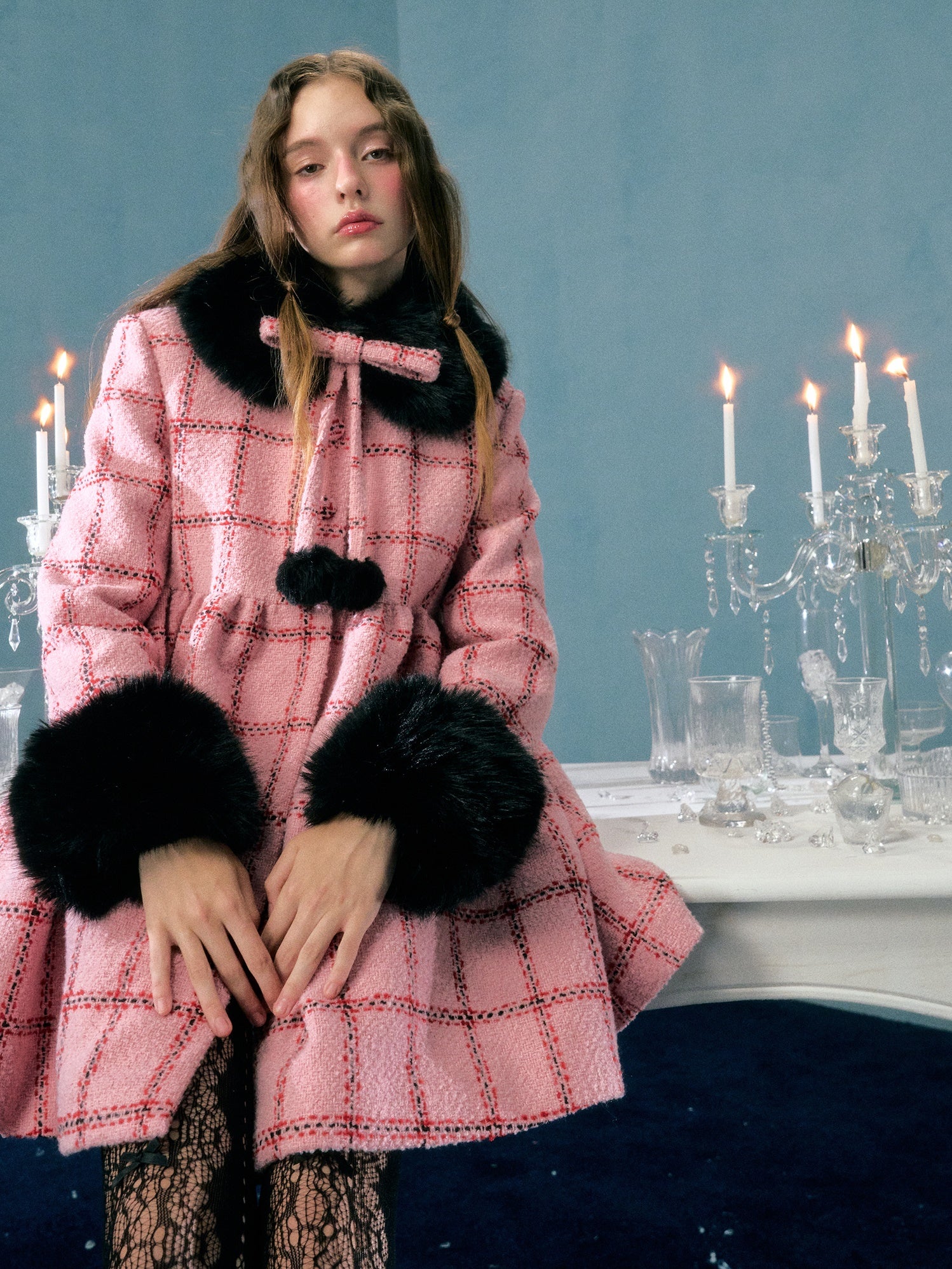 Plaid Fur Collar Detachable Mid-length Coat