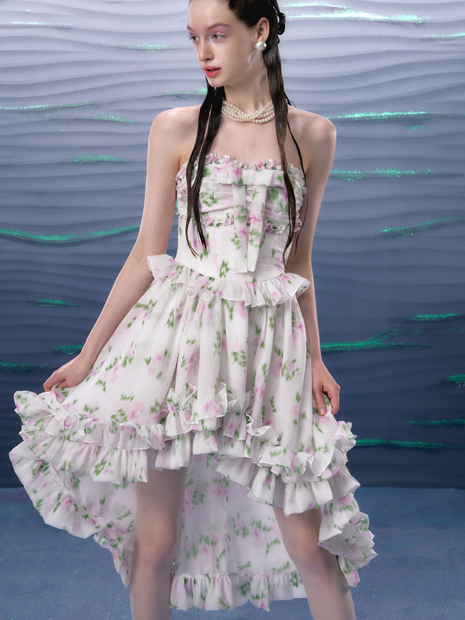 Flower Bow Bare Top Frill Fishtail Dress