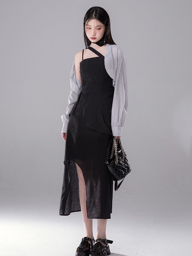 Irregular Slanted Shoulder Suspender Dress