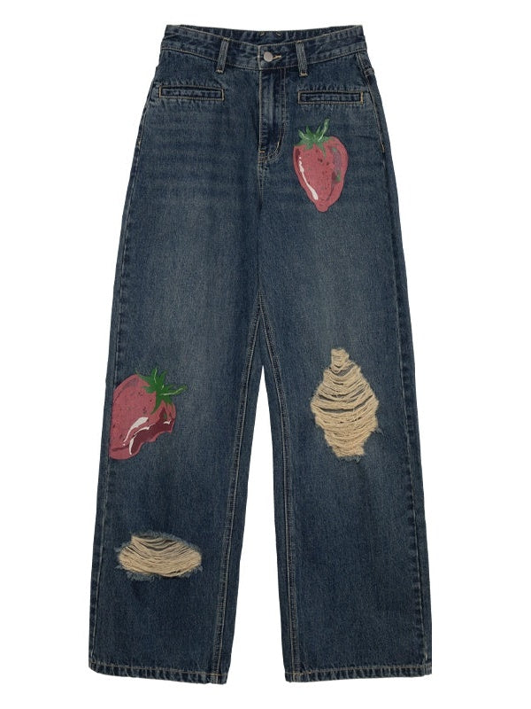 Denim labre lavé déchiré à imprimé aux fraises