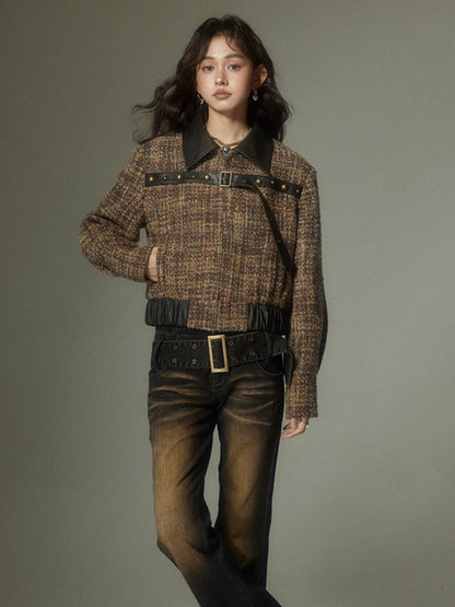 Plaid Splicing Leather Small Fragrant Style Jacket