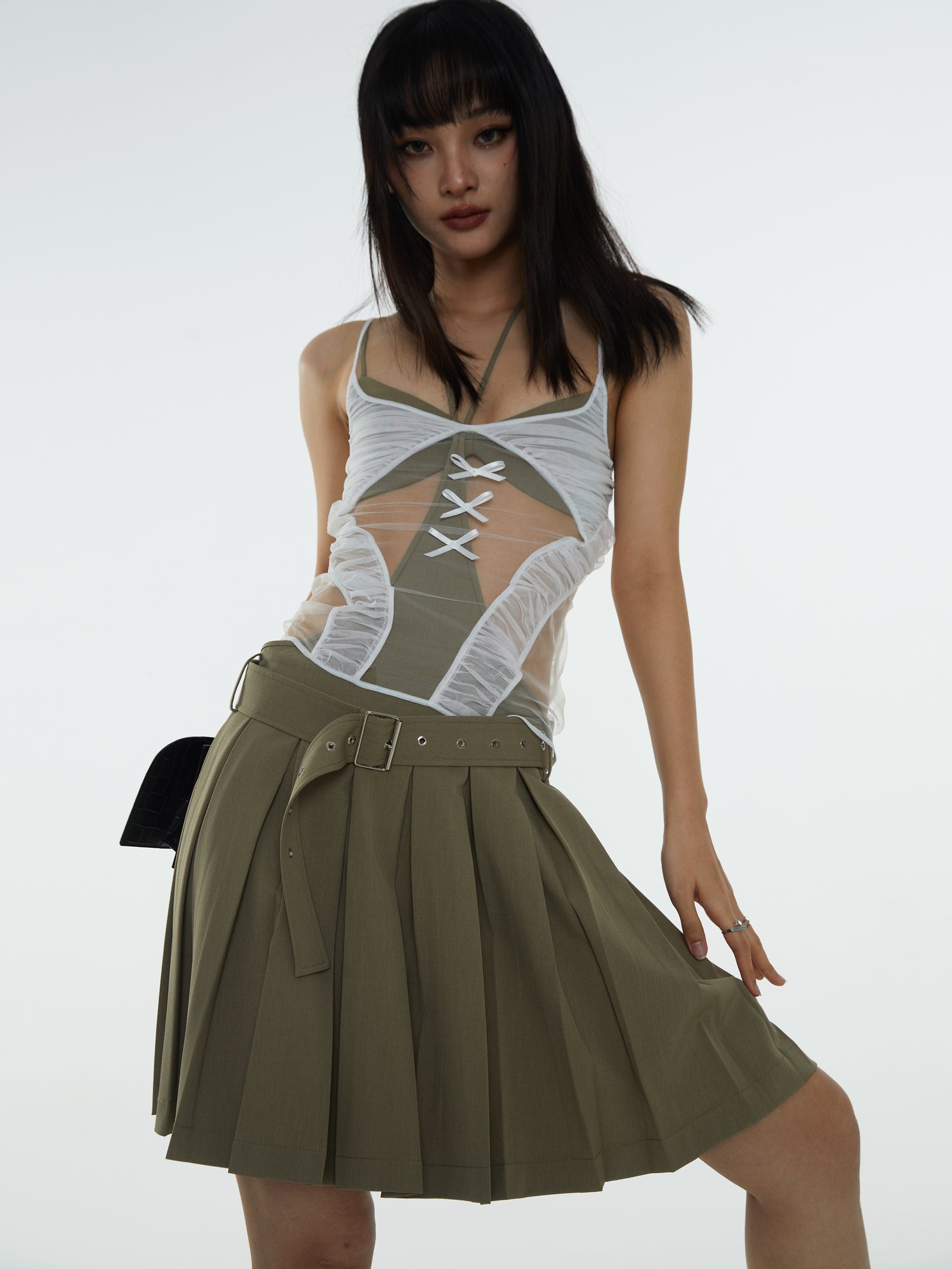 Mesh Shirring See-through Ribbon Camisole