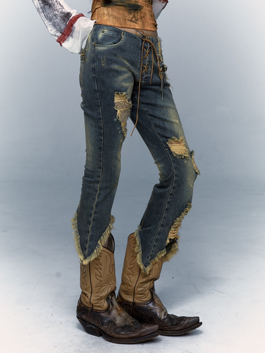 Patchwork Lace Ripped Washed Distressed Cropped Flared Denim Pants