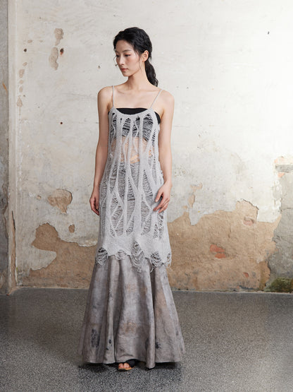 Plant-dyed Mermaid Long Skirt &amp; Hollow Knitted Long Camisole