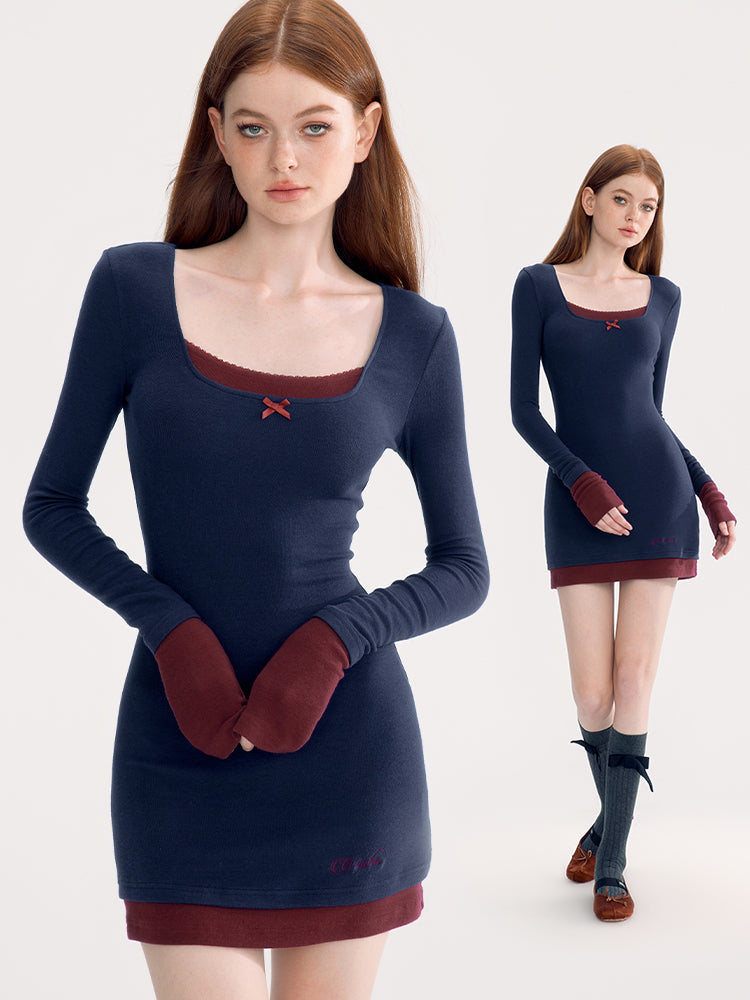 Bi-Color Fake-Layered Tight Sexy Square-Neck Dress