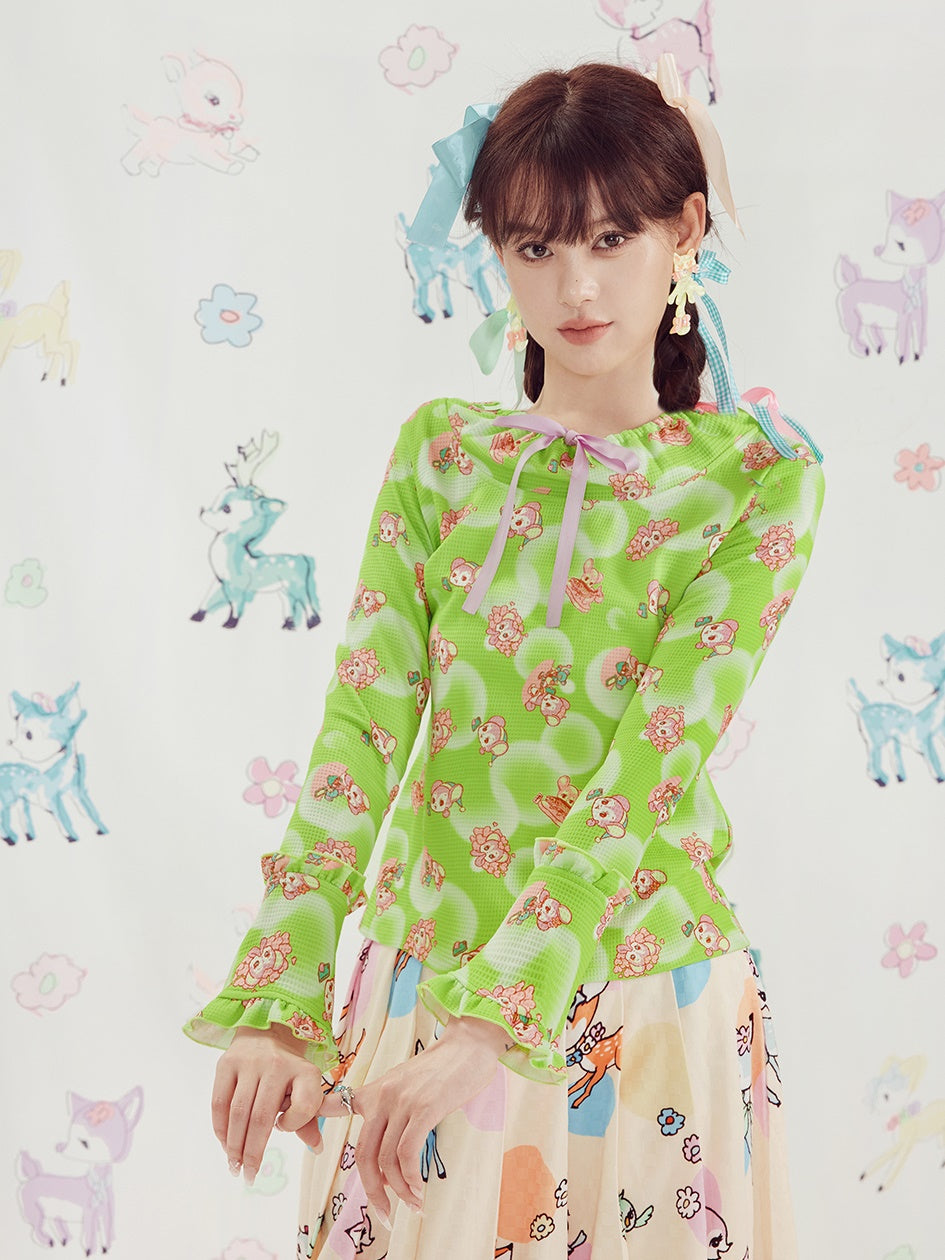 Bear Print Bell Sleeves Ribbon Cutsew