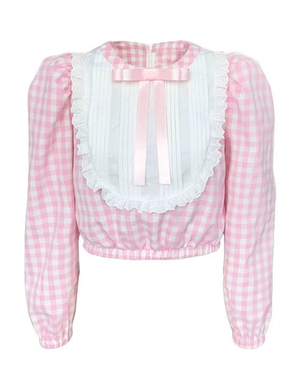 Plaid Bow Brooch Embellished Crop Shirt