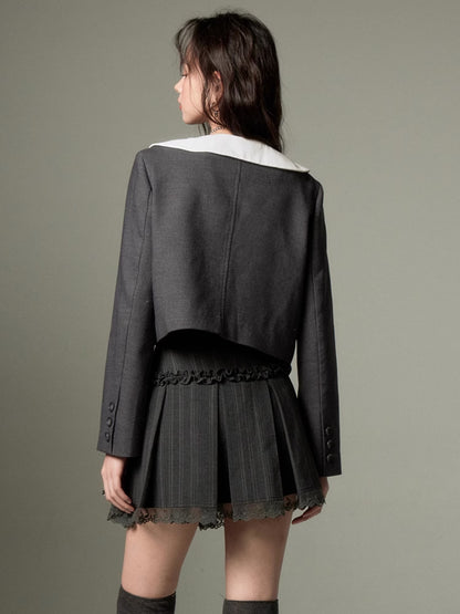 Round Lapel Pocket Lace Short Jacket