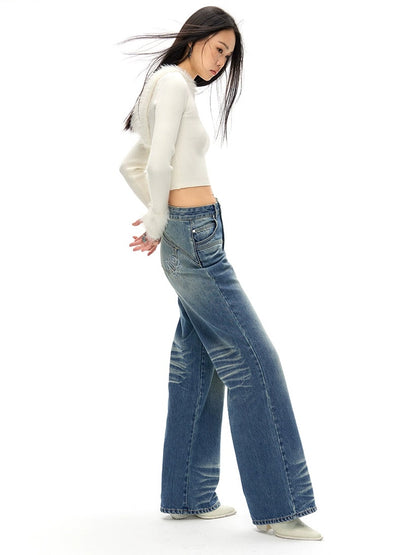 Klassische Fit Straight Whisker Jeans