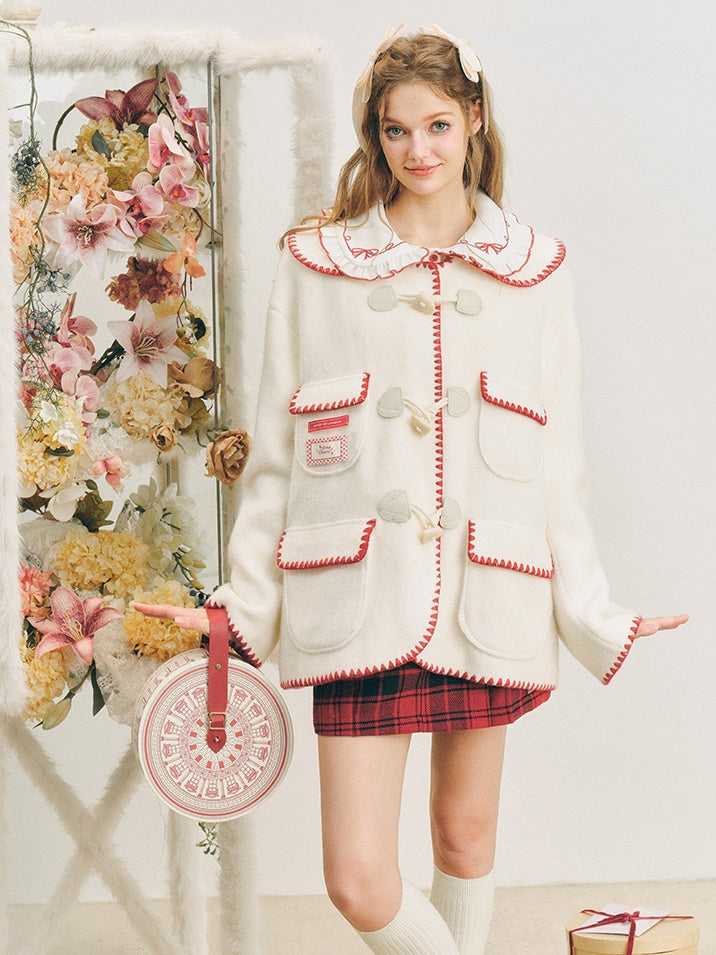 Piping Embroidered Flap Pocket Duffel Cardigan