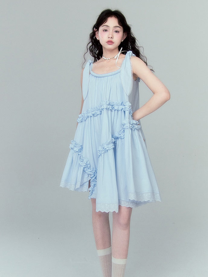 Lotus Leaf Lace Strap Irregular Frill Dress