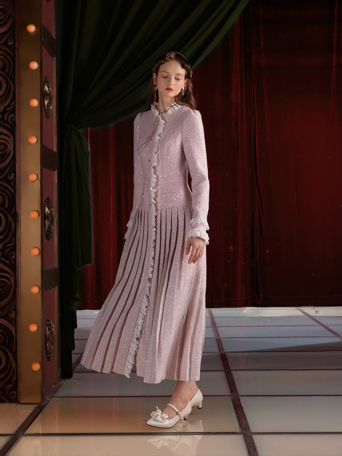 Glitter Stitching Lace Pleated Long Coat