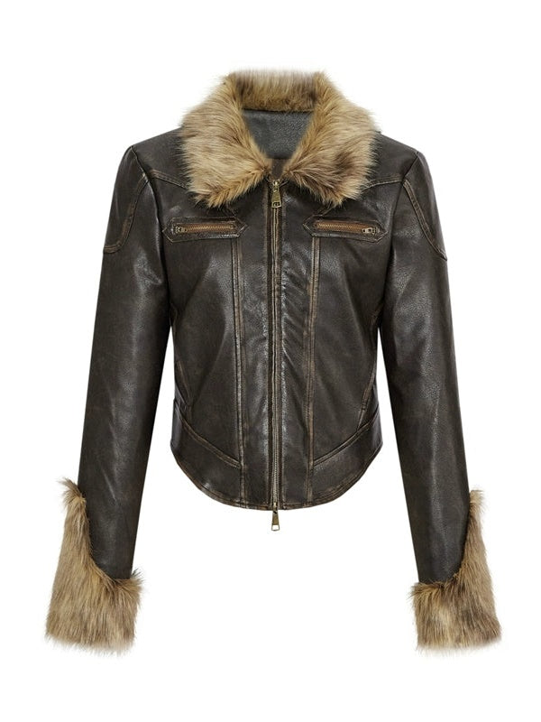 Fur Collar Quilted Leather Jacket