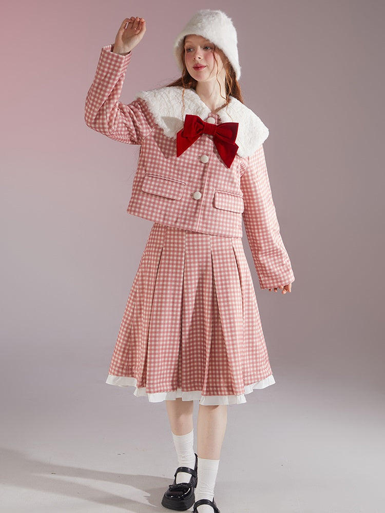 Retro Gingham Plaid Big Collar Jacket ＆ Pleated Skirt