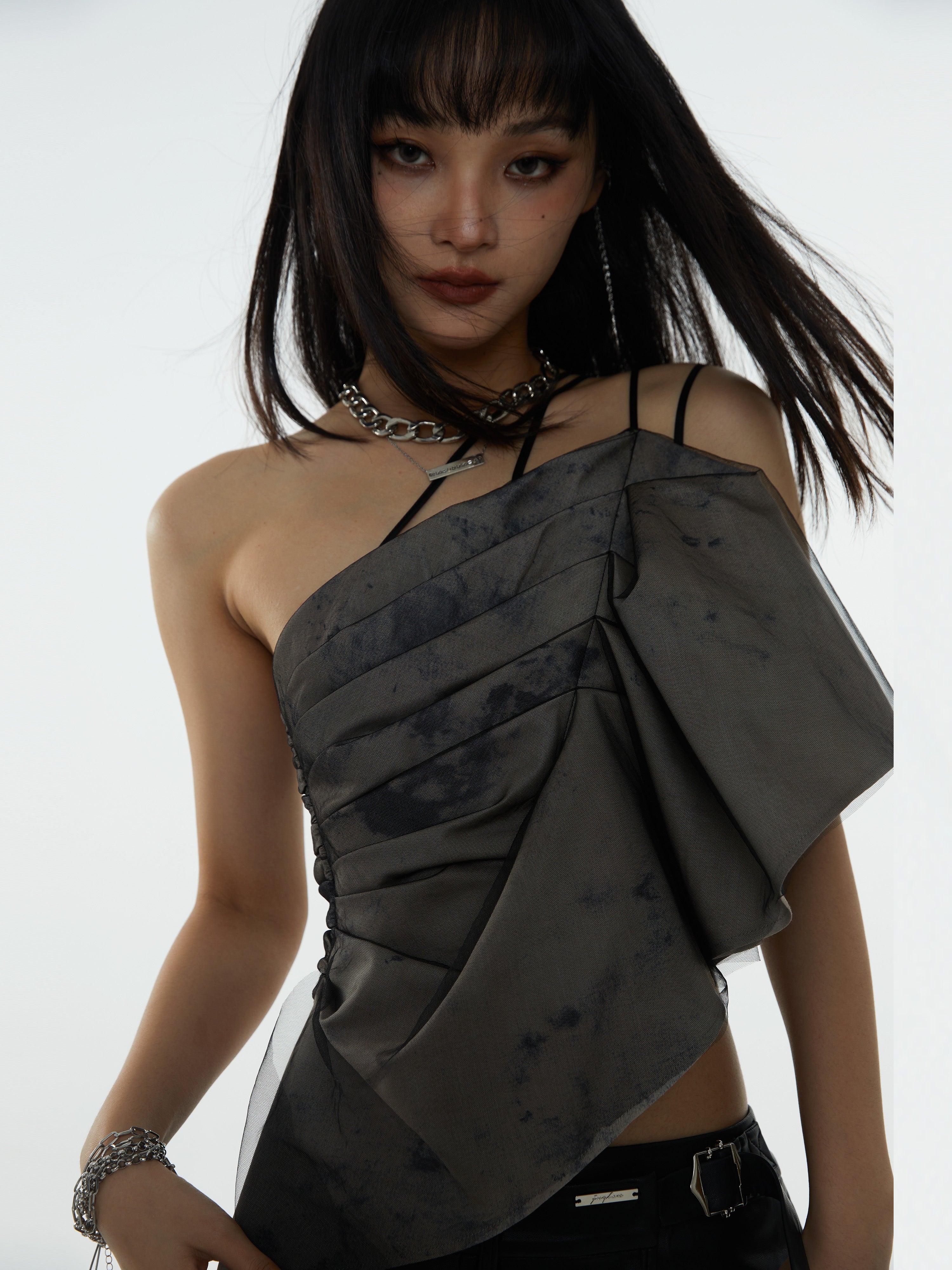 Pleated Shoulder Strap Asymmetry Camisole