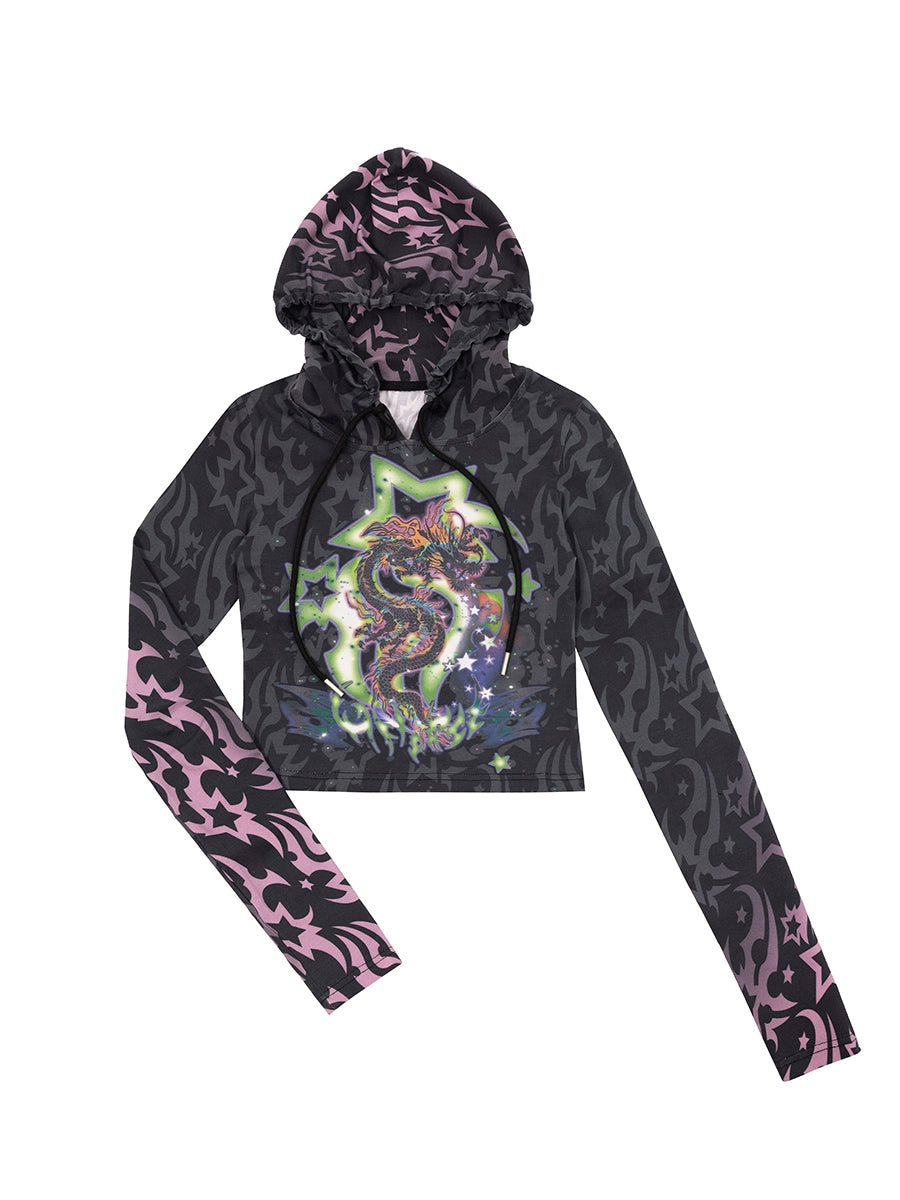 Dragon Print Short Hooded Cutsew