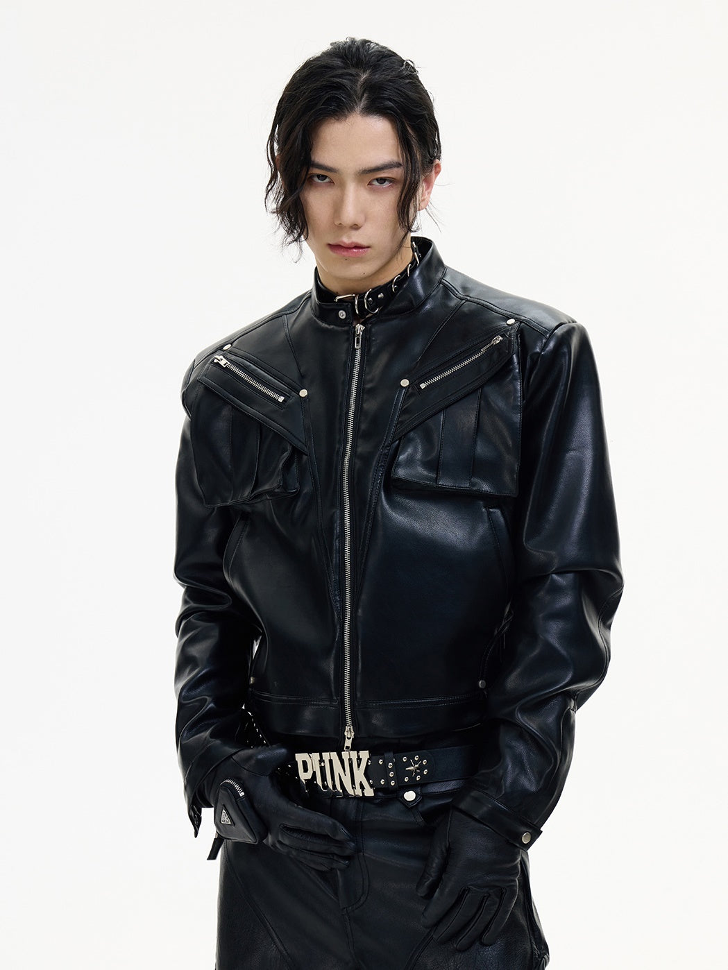 Stand Collar Zipper Short Leather Jacket