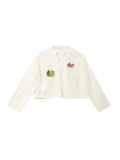 Retro Apple Embroidery V-neck Shirt &amp; Skirt