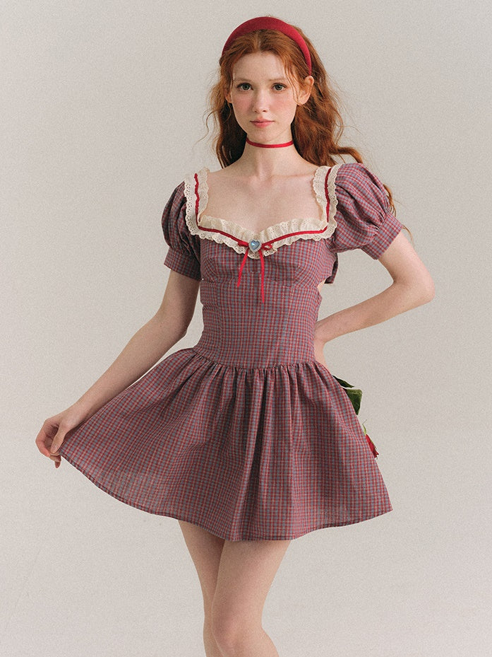 Plaid Heart Neck Bow Girly Dress