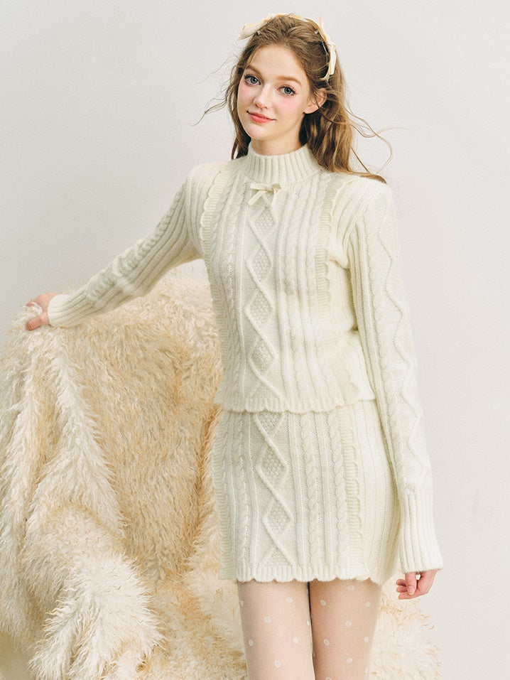 Cable Bottle-Neck Fluffy Knit Sweater ＆ Frill Knitted Skirt