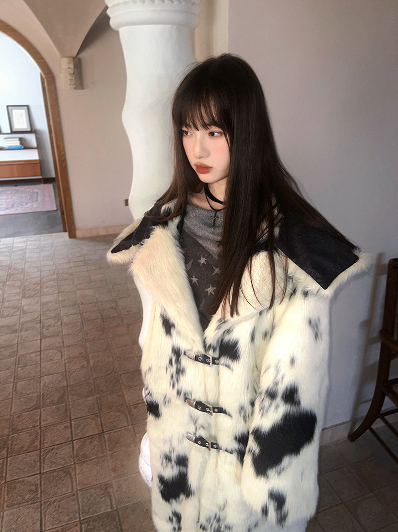 Hooded Fur Cow Pattern Eco-friendly Plush Coat