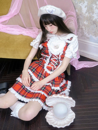 Plaid Cat Print Lace Suspender Dress